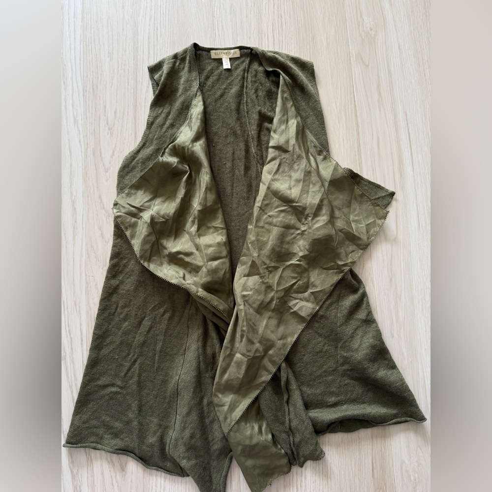 Eileen Fisher Olive Green Silk Linen Vest TOP CARDIGAN cascading long PP PETITE
